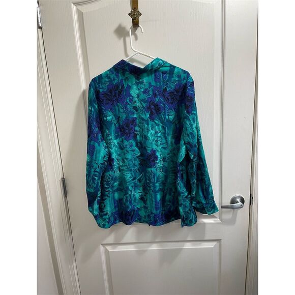 Vintage Maggie Barnes Plus Size 1X Blue Floral Button-Up Blouse - Picture 2 of 6
